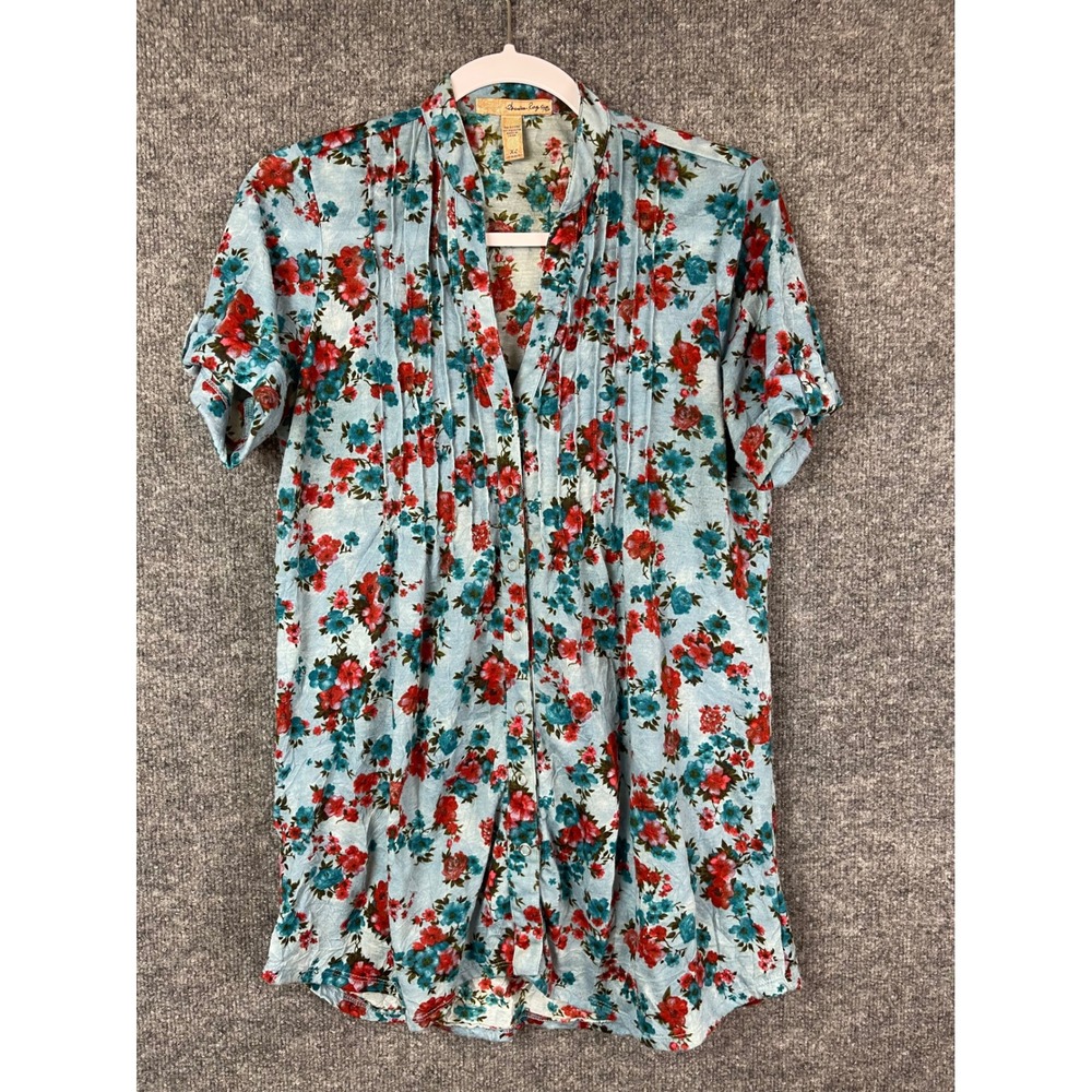 American Rag Floral Button Down Tunic Women XL Blue Pleated Short Sleeve